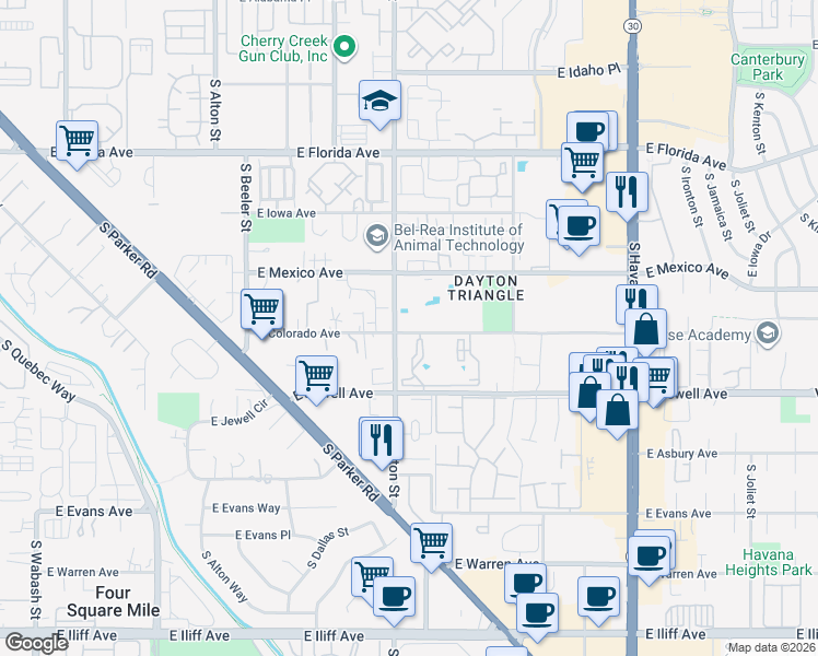 map of restaurants, bars, coffee shops, grocery stores, and more near 9767 East Colorado Avenue in Aurora