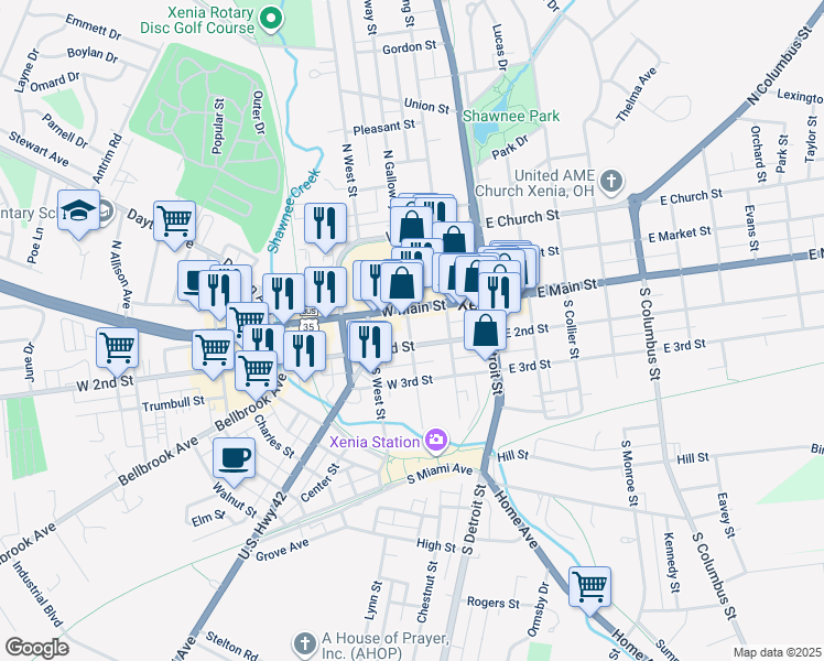 map of restaurants, bars, coffee shops, grocery stores, and more near 51 South Galloway Street in Xenia