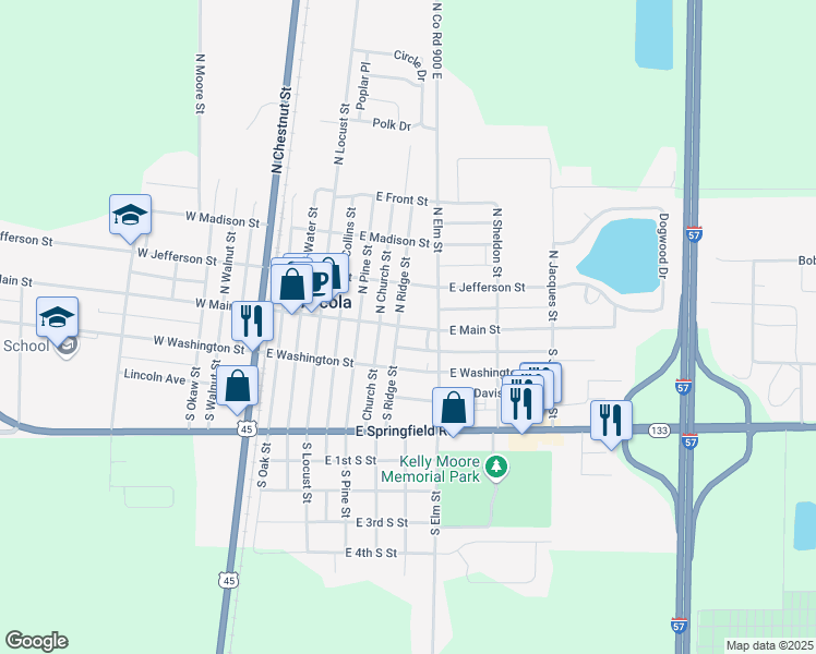 map of restaurants, bars, coffee shops, grocery stores, and more near 407 East Main Street in Arcola