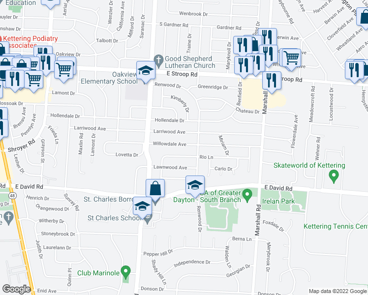map of restaurants, bars, coffee shops, grocery stores, and more near 948 Willowdale Avenue in Dayton