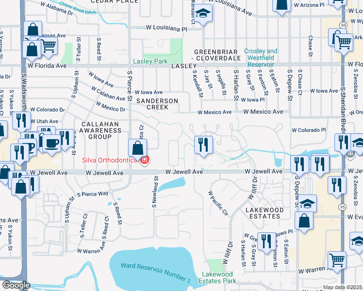 map of restaurants, bars, coffee shops, grocery stores, and more near 1880 South Marshall Circle in Lakewood