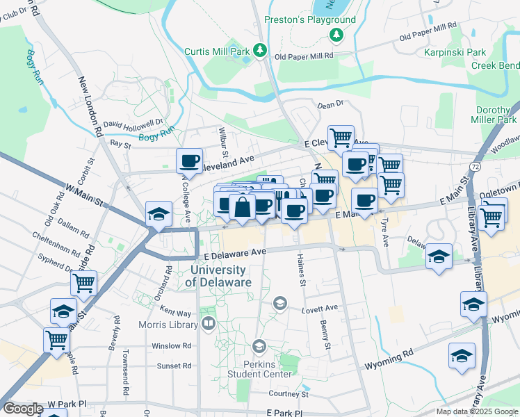 map of restaurants, bars, coffee shops, grocery stores, and more near 94 East Main Street in Newark