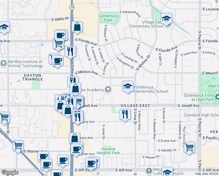 map of restaurants, bars, coffee shops, grocery stores, and more near 10896 East Colorado Drive in Aurora