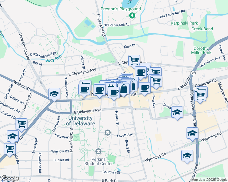 map of restaurants, bars, coffee shops, grocery stores, and more near 140 East Main Street in Newark