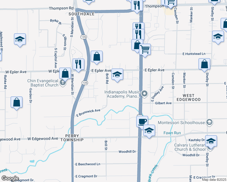 map of restaurants, bars, coffee shops, grocery stores, and more near 5701 Brill Road in Indianapolis