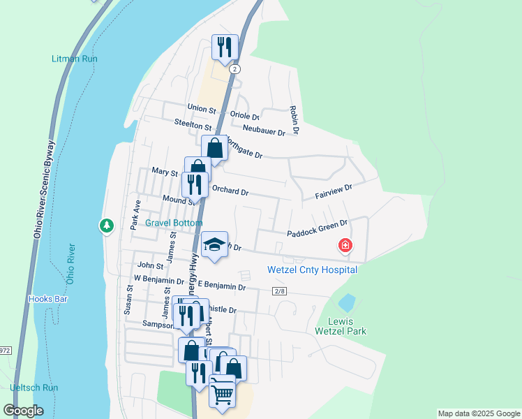 map of restaurants, bars, coffee shops, grocery stores, and more near 899 Meadow Dr in New Martinsville