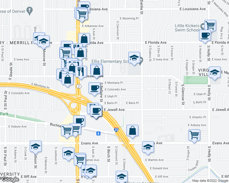 map of restaurants, bars, coffee shops, grocery stores, and more near 4460 East Colorado Avenue in Denver