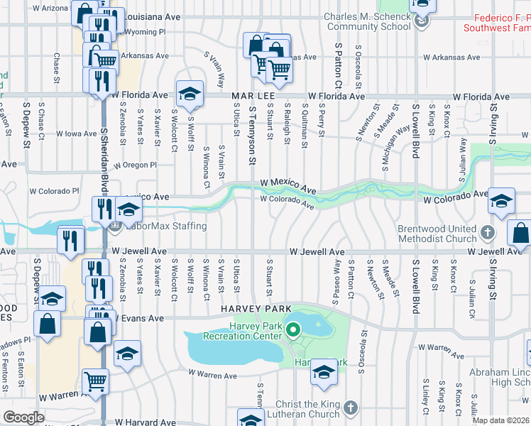 map of restaurants, bars, coffee shops, grocery stores, and more near 1821 South Sunset Way in Denver