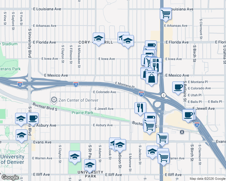 map of restaurants, bars, coffee shops, grocery stores, and more near 3401 East Colorado Avenue in Denver
