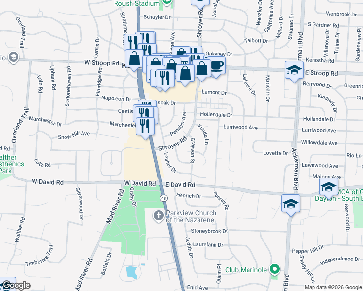 map of restaurants, bars, coffee shops, grocery stores, and more near 4318 Shroyer Road in Dayton