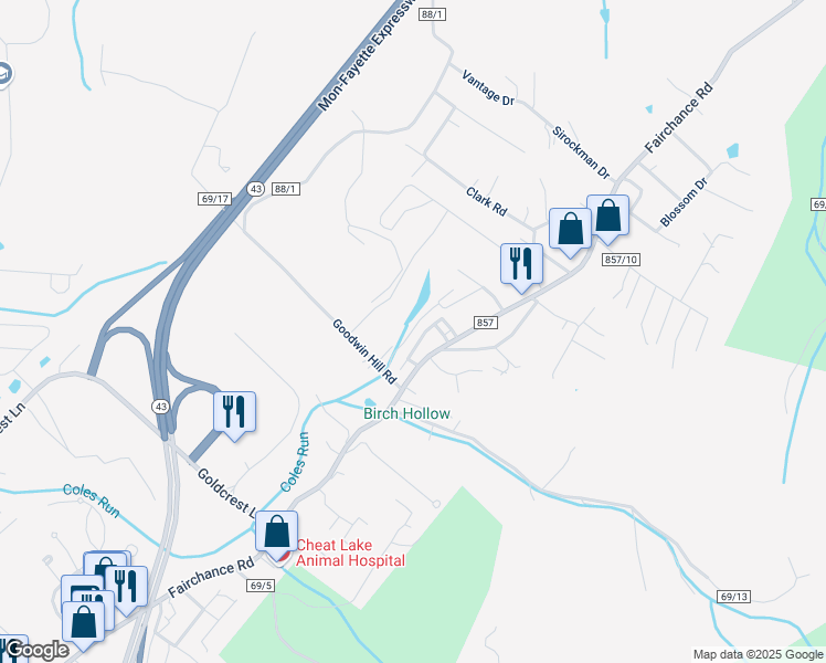 map of restaurants, bars, coffee shops, grocery stores, and more near 4002 Kathryn Drive in Morgantown