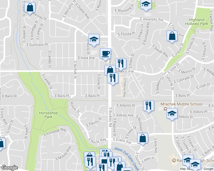 map of restaurants, bars, coffee shops, grocery stores, and more near 1802 South Ouray Court in Aurora
