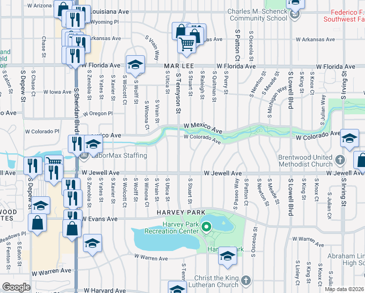 map of restaurants, bars, coffee shops, grocery stores, and more near 1821 South Sunset Way in Denver