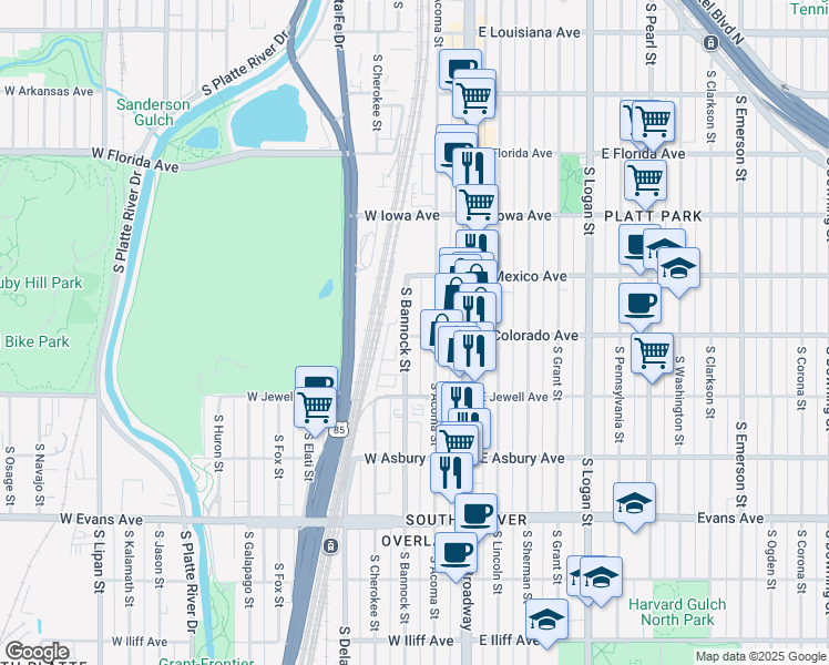 map of restaurants, bars, coffee shops, grocery stores, and more near 1790 West Colorado Avenue in Denver