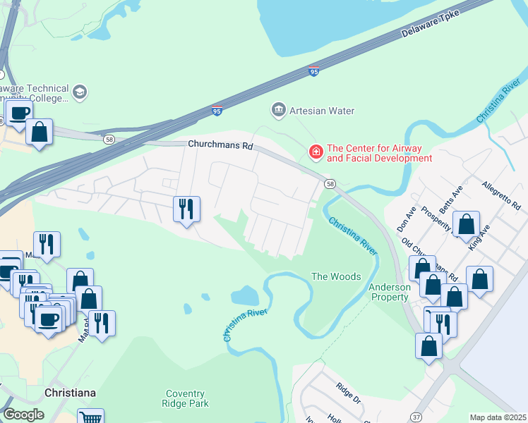 map of restaurants, bars, coffee shops, grocery stores, and more near 223 East Seneca Drive in Newark