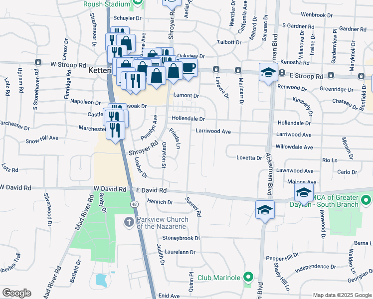 map of restaurants, bars, coffee shops, grocery stores, and more near 4325 Sunray Road in Dayton