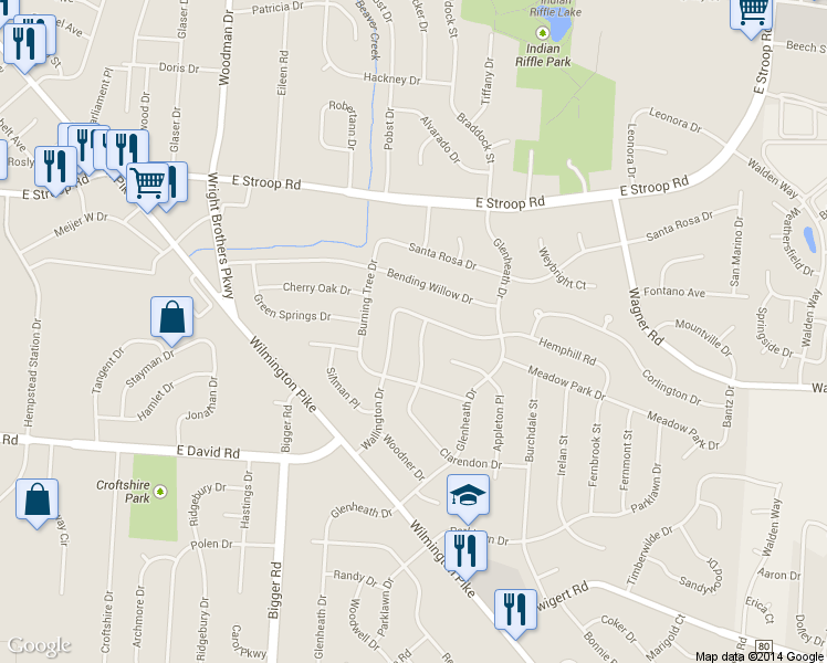 map of restaurants, bars, coffee shops, grocery stores, and more near 4161 Clarendon Drive in Dayton