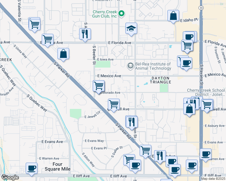 map of restaurants, bars, coffee shops, grocery stores, and more near 9437 East Colorado Avenue in Denver