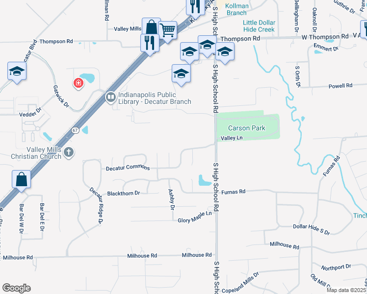 map of restaurants, bars, coffee shops, grocery stores, and more near 6422 Decatur Commons in Indianapolis