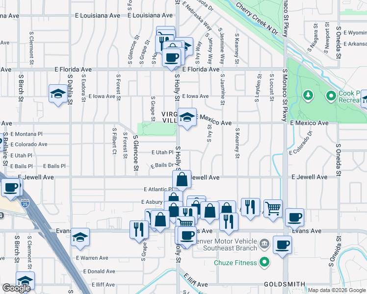 map of restaurants, bars, coffee shops, grocery stores, and more near 5601 East Colorado Avenue in Denver