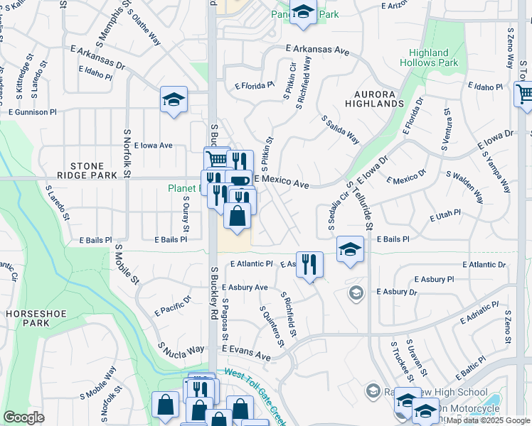 map of restaurants, bars, coffee shops, grocery stores, and more near 1789 South Pitkin Circle in Aurora