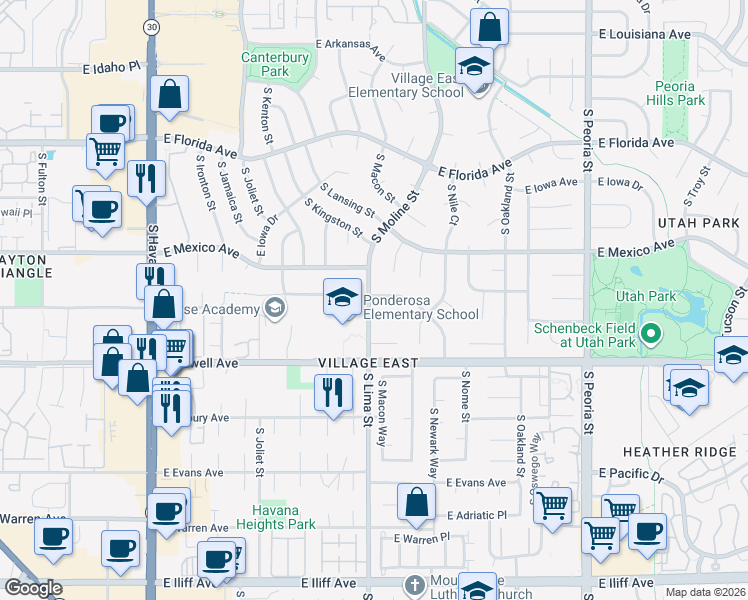 map of restaurants, bars, coffee shops, grocery stores, and more near 11356 East Colorado Drive in Aurora