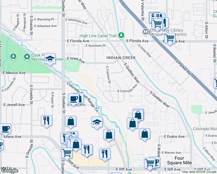 map of restaurants, bars, coffee shops, grocery stores, and more near 1782 South Trenton Street in Denver