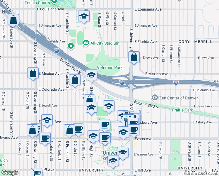 map of restaurants, bars, coffee shops, grocery stores, and more near 2105 Buchtel Boulevard South in Denver