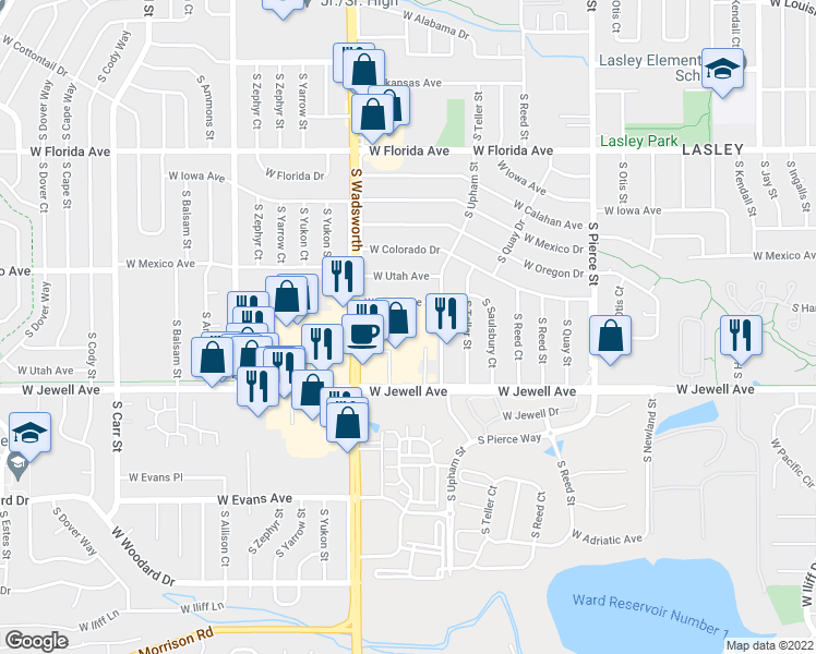 map of restaurants, bars, coffee shops, grocery stores, and more near 1852 South Wadsworth Boulevard in Lakewood