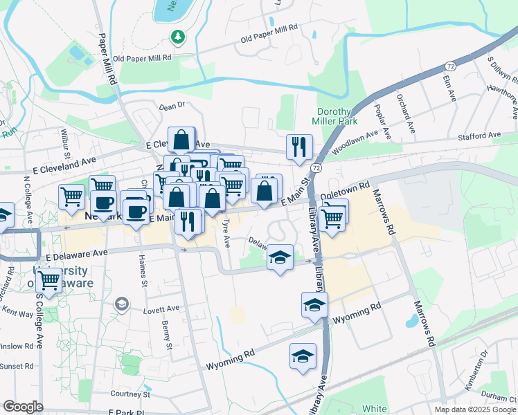 map of restaurants, bars, coffee shops, grocery stores, and more near 325 East Main Street in Newark
