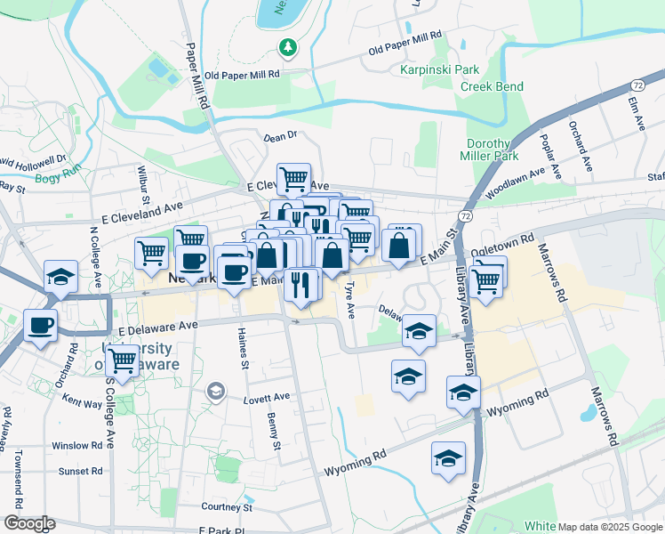 map of restaurants, bars, coffee shops, grocery stores, and more near 70 State Road 2 Bus in Newark
