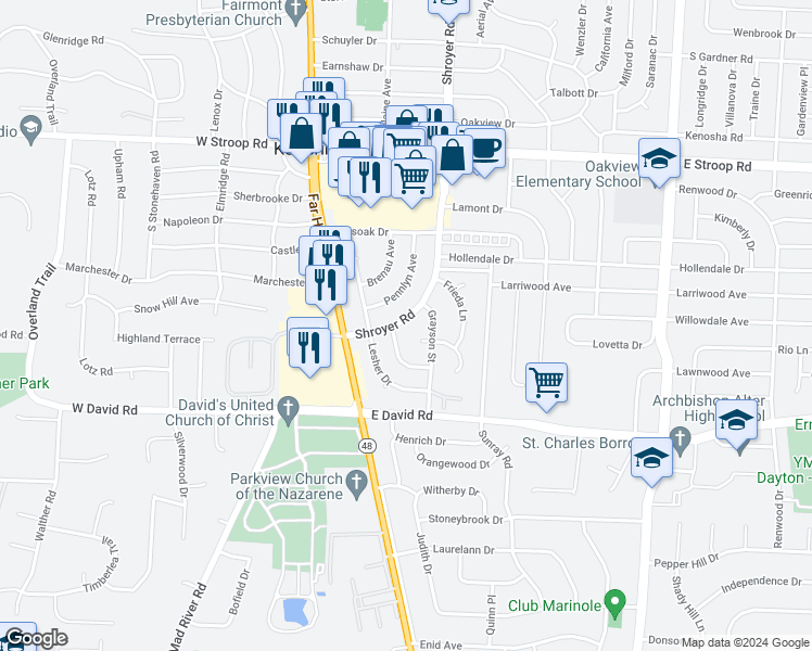 map of restaurants, bars, coffee shops, grocery stores, and more near 4318 Shroyer Road in Dayton