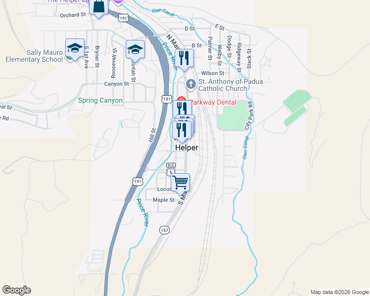 map of restaurants, bars, coffee shops, grocery stores, and more near in Helper