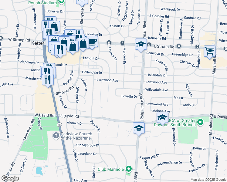 map of restaurants, bars, coffee shops, grocery stores, and more near 775 Willowdale Avenue in Dayton
