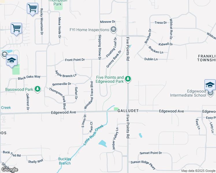 map of restaurants, bars, coffee shops, grocery stores, and more near 5801 Grassy Bank Drive in Indianapolis