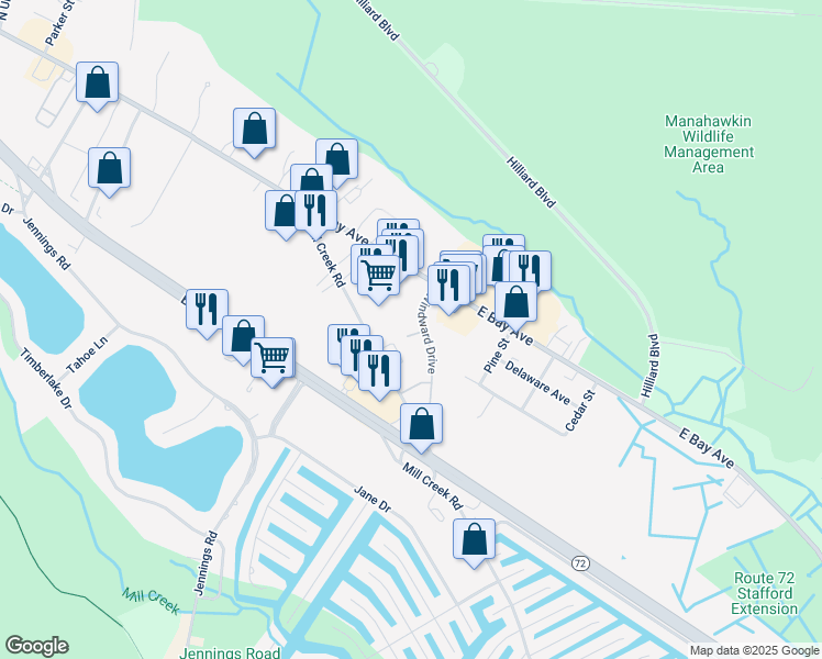 map of restaurants, bars, coffee shops, grocery stores, and more near 3 Bay Breeze Court in Stafford Township