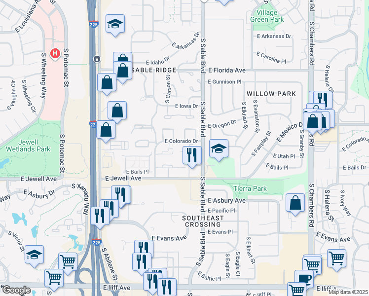 map of restaurants, bars, coffee shops, grocery stores, and more near 14152 East Colorado Drive in Aurora