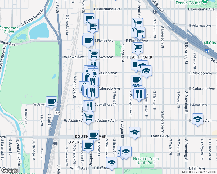 map of restaurants, bars, coffee shops, grocery stores, and more near 1788 South Sherman Street in Denver