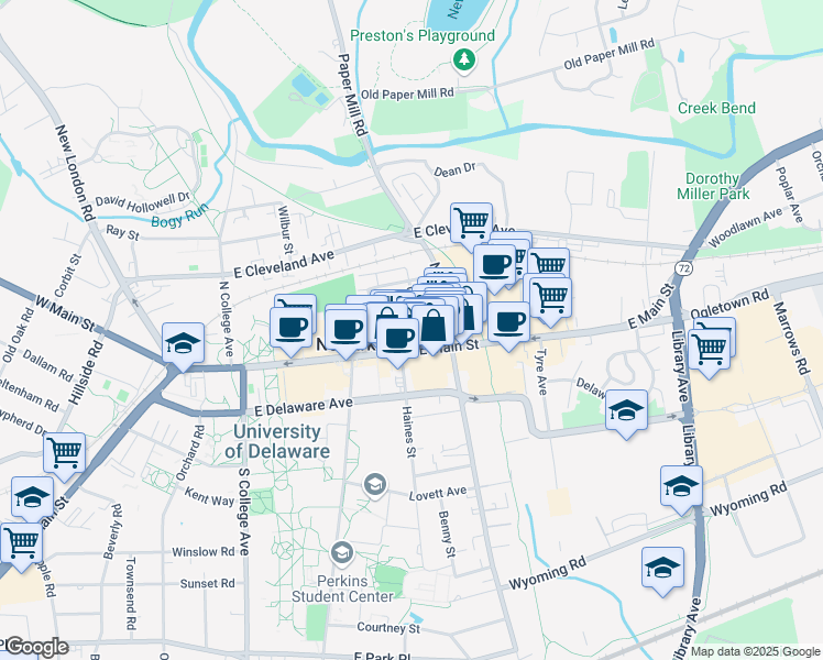 map of restaurants, bars, coffee shops, grocery stores, and more near 13 Choate Street in Newark