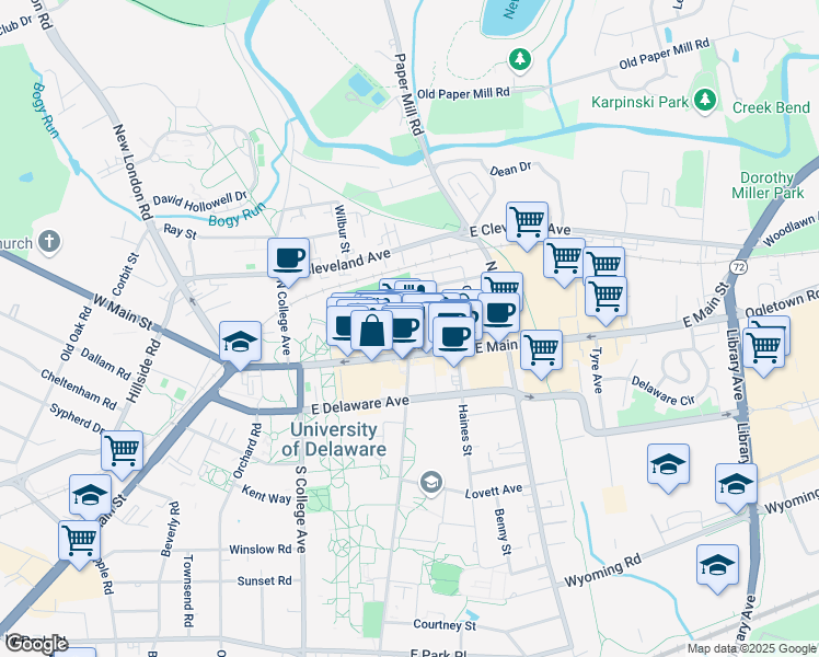 map of restaurants, bars, coffee shops, grocery stores, and more near 280 East Main Street in Newark