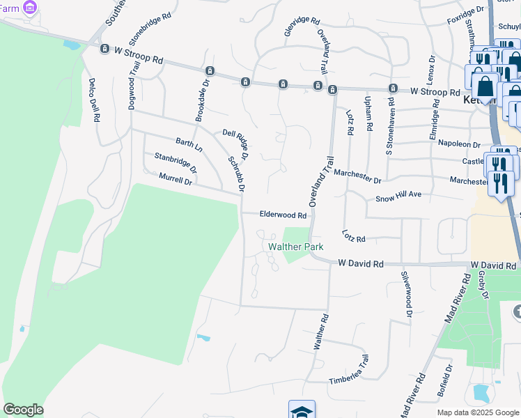 map of restaurants, bars, coffee shops, grocery stores, and more near 555 Elderwood Road in Kettering