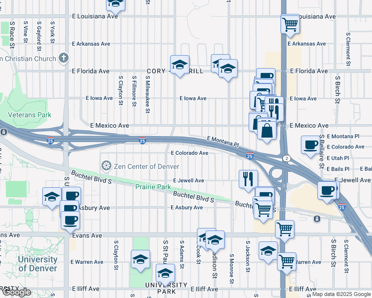 map of restaurants, bars, coffee shops, grocery stores, and more near 3295 East Colorado Avenue in Denver