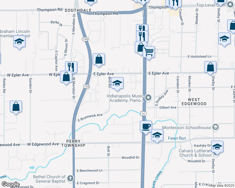 map of restaurants, bars, coffee shops, grocery stores, and more near 5701 Brill Road in Indianapolis