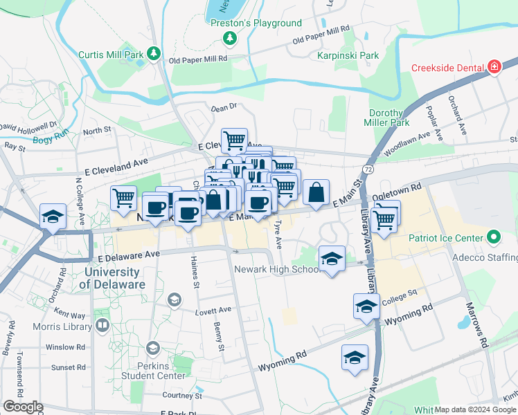 map of restaurants, bars, coffee shops, grocery stores, and more near 109 Newark Sc in Newark