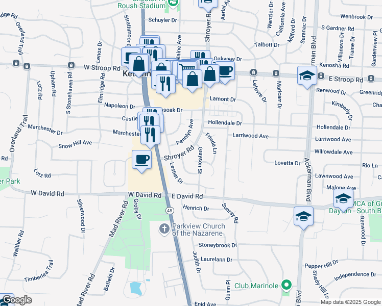 map of restaurants, bars, coffee shops, grocery stores, and more near 4312 Shroyer Road in Dayton