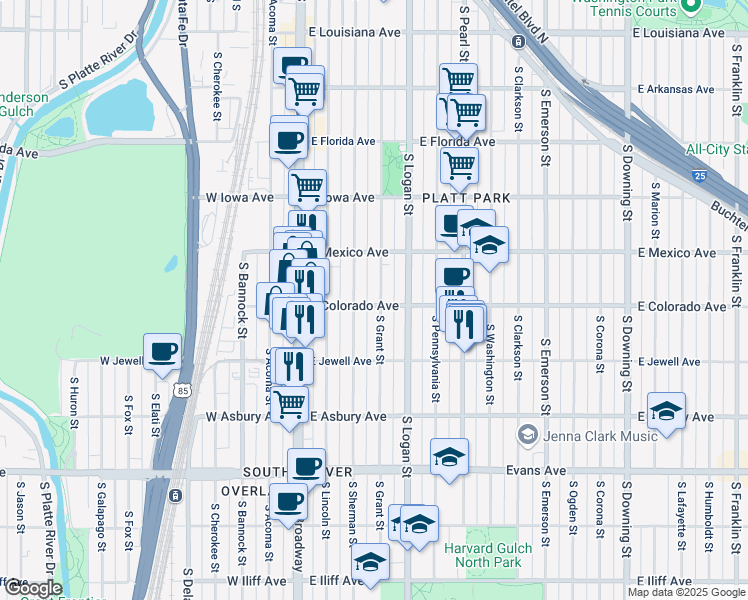 map of restaurants, bars, coffee shops, grocery stores, and more near 1788 South Sherman Street in Denver