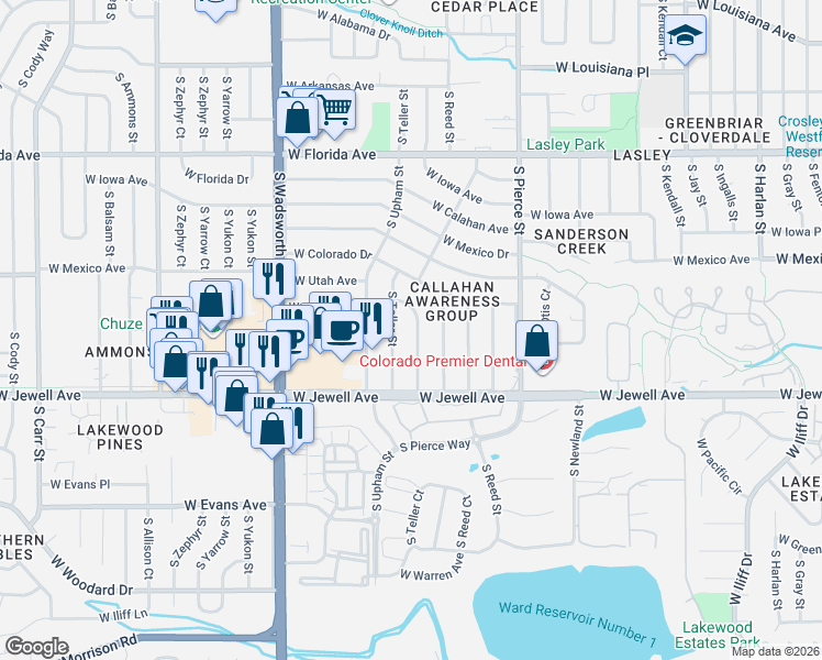 map of restaurants, bars, coffee shops, grocery stores, and more near 1841 South Saulsbury Court in Lakewood