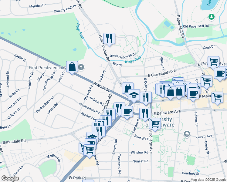 map of restaurants, bars, coffee shops, grocery stores, and more near 166 West Main Street in Newark