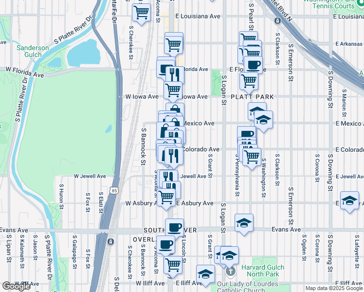 map of restaurants, bars, coffee shops, grocery stores, and more near 37 East Colorado Avenue in Denver