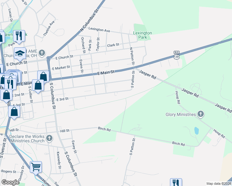 map of restaurants, bars, coffee shops, grocery stores, and more near 831 East 3rd Street in Xenia